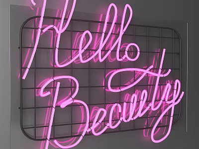 Pink Decorative Neon Lights With Hello Beauty Lettering And Black Grid Frame 3d model