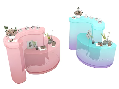 Circular Functional Table With Gradient Colors And Decorative Plants Small Items 3d model