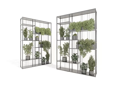Two Metal Frame Shelves with Various Green Potted Plants Neatly Arranged 3d model