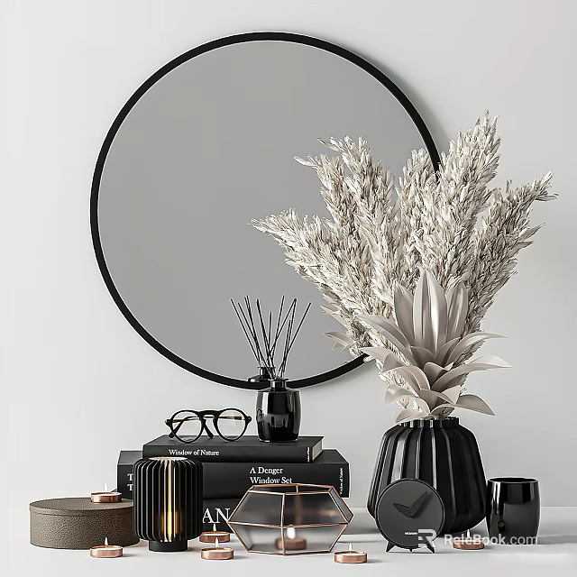 Minimalist Decorative Ornament Set With Round Mirror Dried Pampas Grass And Black Vase 3d model 