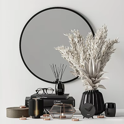 Minimalist Decorative Ornament Set With Round Mirror Dried Pampas Grass And Black Vase 3d model