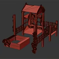 Colorful Playground Equipment With Yellow Roof Blue Pillars Green Platform And Climbing Features