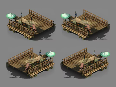 Rustic Wooden Bridge With Green Umbrella And Decorative Flags On Scenic Platform 3d model