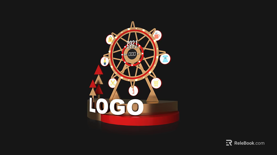 Decorative Ferris Wheel With 2024 Logo Triangular Decorations And Red Base 3d model 