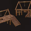Wooden Scene Components Featuring Fence Panels Ladders Platforms Carts And Crates