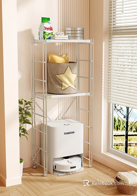 Metal Storage Shelf with Star Patterned Burlap Bag White Appliance and Green Plant Near Window Blinds 3d model 