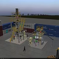 Yellow Industrial Equipment With Multi Level Steel Platforms And Metal Ladders At Container Site