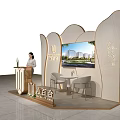Elegant Modern Real Estate Sales Booth With Reception Desk Display Screen And Lounge Seats
