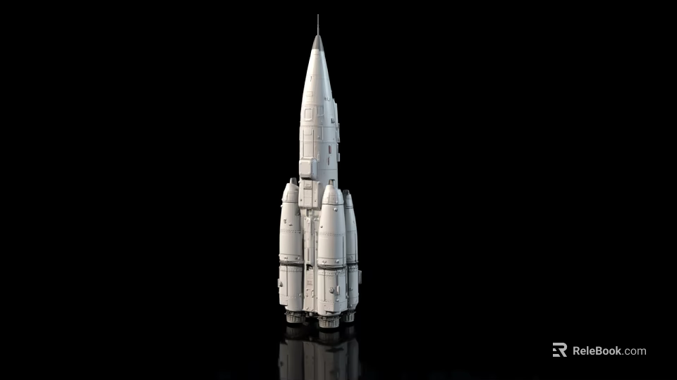 White Space Exploration Rocket Model With Multi Boosters On Black Background 3d model 