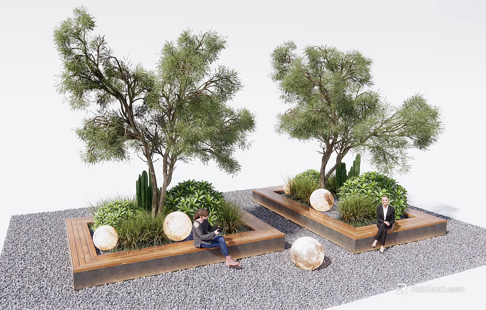 Outdoor Landscape Seats with Trees Green Plants Round Lights and People Sitting on Gravel Ground 3d model 
