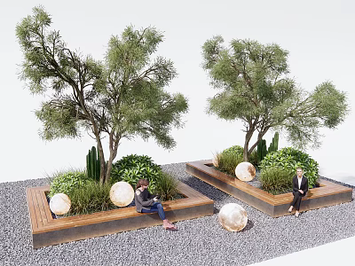Outdoor Landscape Seats with Trees Green Plants Round Lights and People Sitting on Gravel Ground 3d model