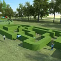 Outdoor Maze Play Equipment With Various Shapes On Green Lawn Grass And People Playing