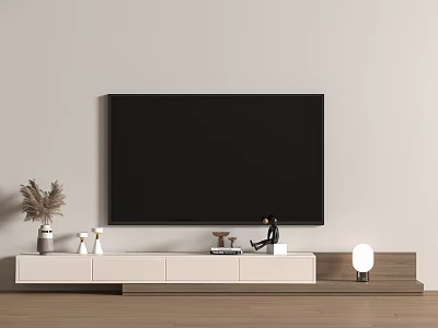 Minimalist White TV Stand With Black TV Decorative Vases And Figurines On Wooden Floor 3d model