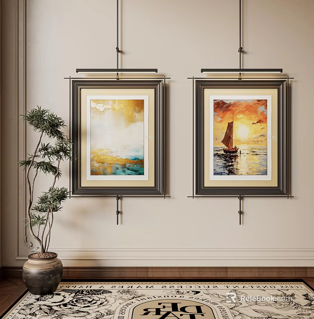 Two Framed Oil Paintings Hanging on Indoor Wall with Small Potted Plant Decor 3d model 