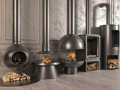 Stylish Modern Fireplaces With Metal Designs And Various Styles Including Firewood Stacks 3d model