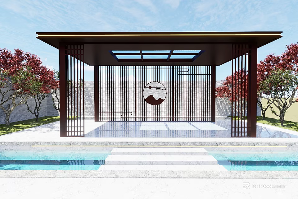 Traditional Garden Pavilion With Wooden Frame Glass Skylight Circular Decoration Surrounded By Trees And Pool 3d model 