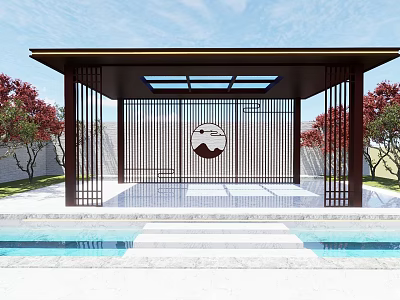 Traditional Garden Pavilion With Wooden Frame Glass Skylight Circular Decoration Surrounded By Trees And Pool 3d model