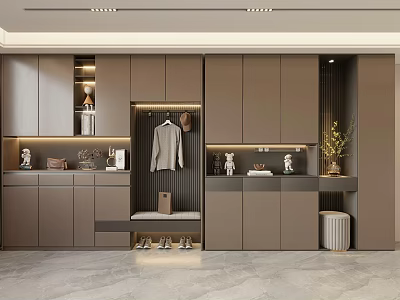 Elegant Modern Shoe Cabinet Interior Design With Bench Clothing Rack And Decorations 3d model