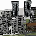 Modern Urban High Rise Buildings With Low Rise Structure And Greenery
