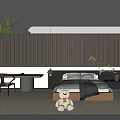Modern Minimalist Bedroom With Dark Vertical Striped Wall Bed Pillows Blanket Teddy Bear Desk Chair