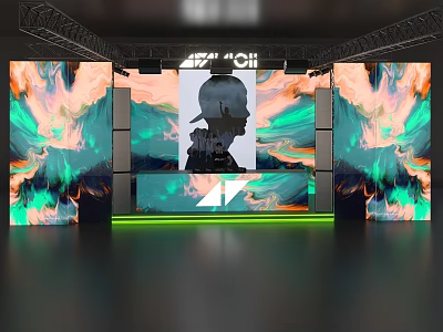 Contemporary Dance Hall Interior Design With Stage Large Screens Colorful Lighting And Decorative Panels 3d model