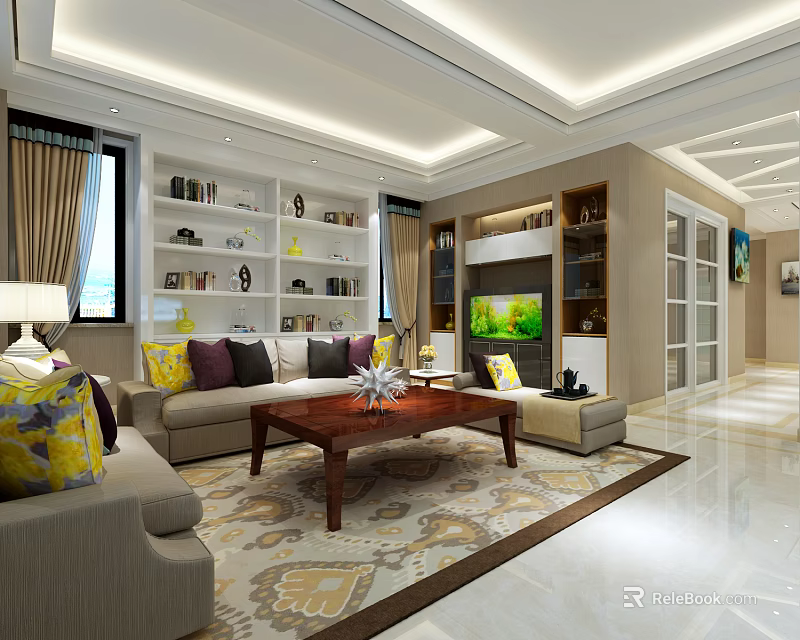 Bright Spacious Modern Living Room With Comfortable Sofa Sets Wooden Coffee Table And Display Shelves 3d model 