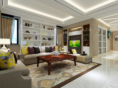 Bright Spacious Modern Living Room With Comfortable Sofa Sets Wooden Coffee Table And Display Shelves 3d model