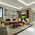 Bright Spacious Modern Living Room With Comfortable Sofa Sets Wooden Coffee Table And Display Shelves