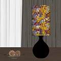 Vibrant Table Lamp With Colorful Autumn Leaf Pattern Shade On Wooden Table And Pine Cones