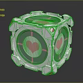 Advanced Silver Metallic Cube Shaped Weapon With Transparent Sections And White Heart Symbols