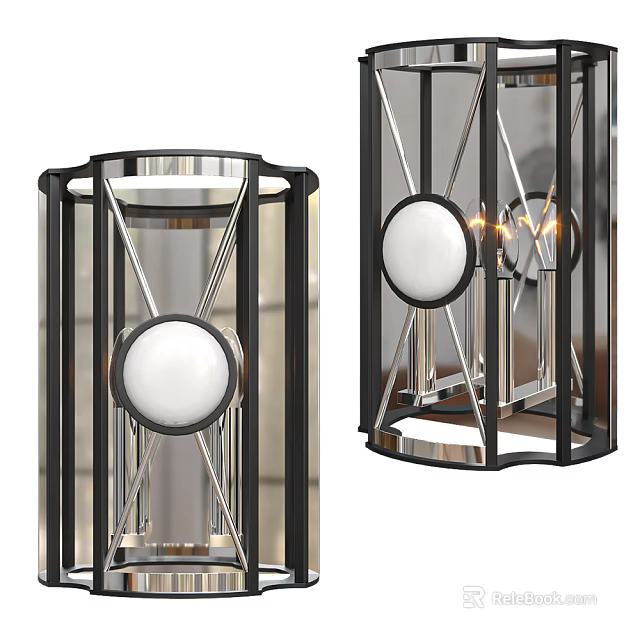 Modern Wall Lamp With Geometric Metal Frame Glass Panel And Round Light Shade 3d model 
