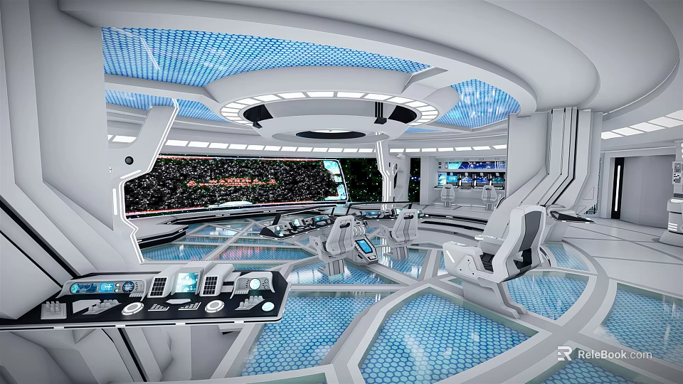 Futuristic Sleek Control Room With Blue Illuminated Panels And Workstations 3d model 