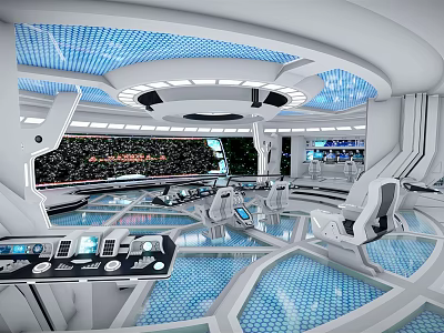 Futuristic Sleek Control Room With Blue Illuminated Panels And Workstations 3d model
