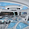 Futuristic Sleek Control Room With Blue Illuminated Panels And Workstations