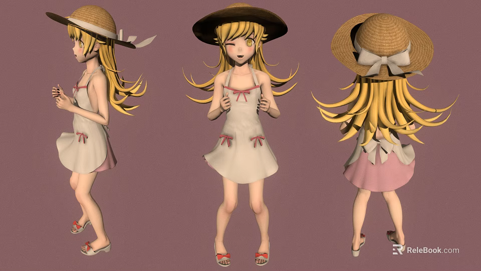Three Views Of 3D Blonde Girl Character In Dress With Straw Hat And Bow Sandals 3d model 