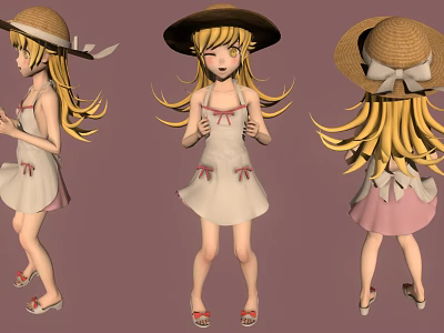 Three Views Of 3D Blonde Girl Character In Dress With Straw Hat And Bow Sandals 3d model