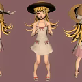 Three Views Of 3D Blonde Girl Character In Dress With Straw Hat And Bow Sandals