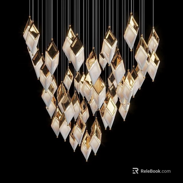 Modern Elegant Chandelier With Diamond Shaped Gold And White Pendants For Interior Decor 3d model 