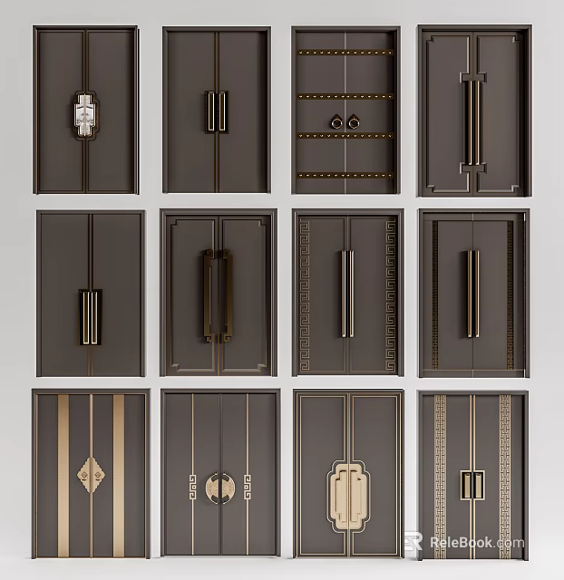Elegant Double Doors With Multiple Metal Handles And Decorative Panel Designs 3d model