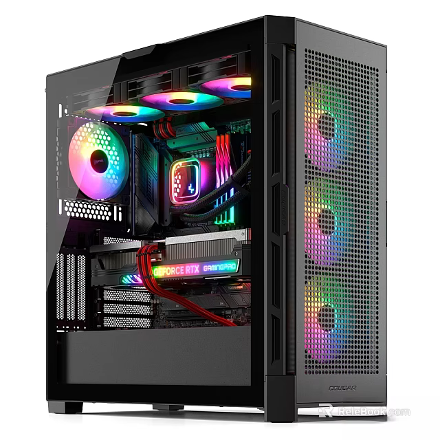 Sleek Black Gaming PC Case With Transparent Side Panel RGB Fans And Colorful Lighting 3d model 