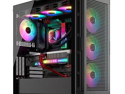 Sleek Black Gaming PC Case With Transparent Side Panel RGB Fans And Colorful Lighting 3d model