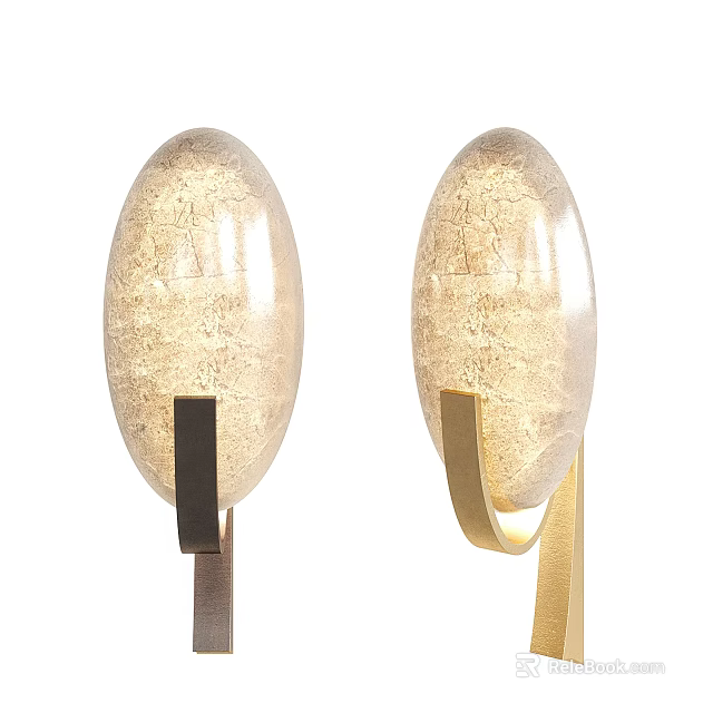 Pair of Textured Transparent Glass Wall Lamps with Black and Gold Metal Bases 3d model 