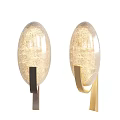Pair of Textured Transparent Glass Wall Lamps with Black and Gold Metal Bases
