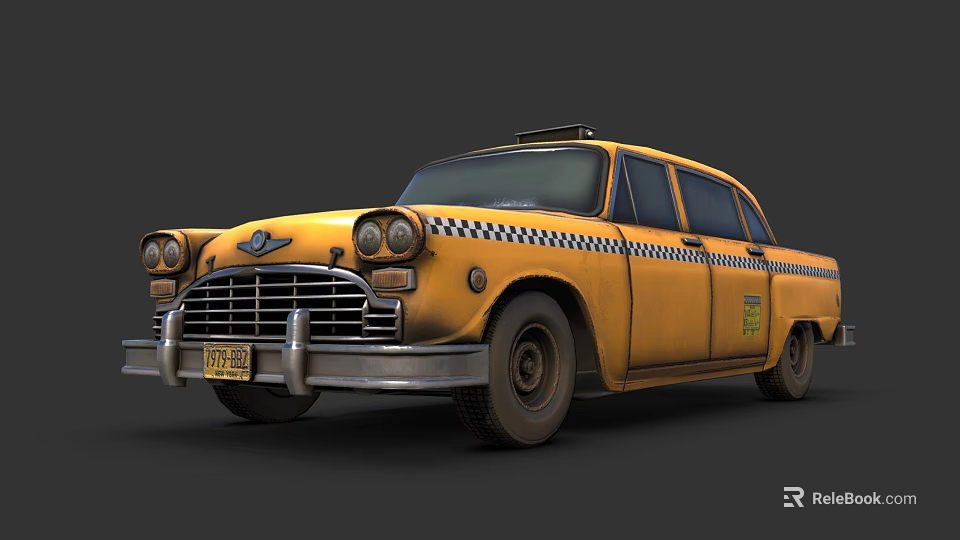 Vintage Yellow Taxi Car With Classic Design Checkerboard Stripes And Roof Sign 3d model 