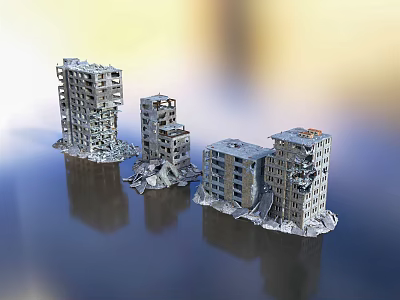 Collapsed Urban Buildings With Damaged Structures Ruined Debris And Exterior View 3d model