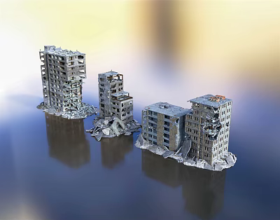 Collapsed Urban Buildings With Damaged Structures Ruined Debris And Exterior View 3d model