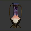Decorative Vase With Golden Base Blue Rim And Purple Pink Gradient Design