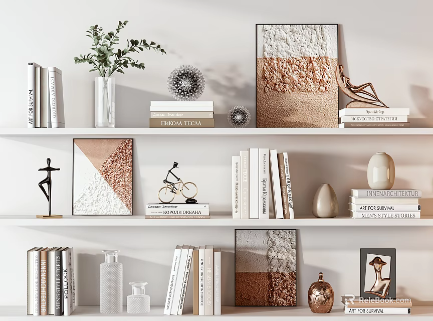 Modern Decorative Ornament Combination With Books Vase Plant Sculptures And Paintings On Shelves 3d model 