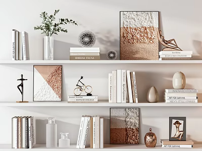 Modern Decorative Ornament Combination With Books Vase Plant Sculptures And Paintings On Shelves 3d model