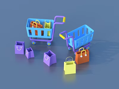 Colorful Shopping Carts And Various Colored Shopping Bags On Blue Background 3d model